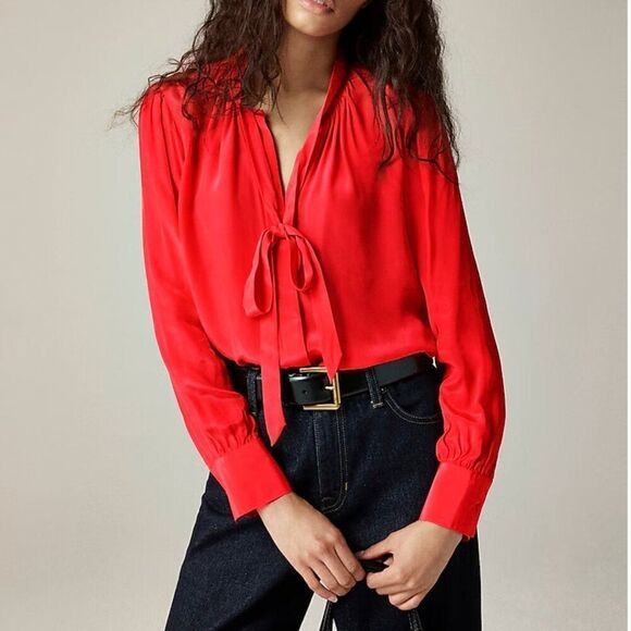 J. Crew Tops - J. Crew CF442 Tie-neck top in crepe de chine Red Blouse NWT size 10